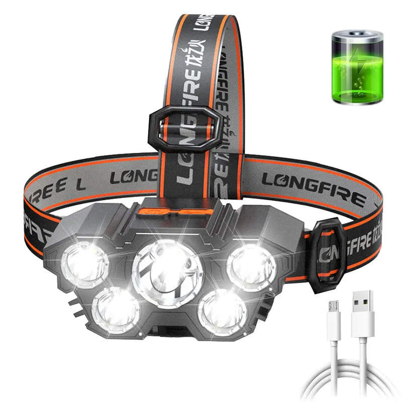 1pc Super Brightest Powerful 5 LED Headlamp Rechargeable Headlamps Waterproof Headlights Head Torch Outdoor Camping Running Lighting