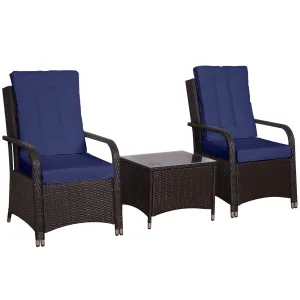 3 Pieces Outdoor Rattan Bistro Set, Patio Wicker Balcony Furniture with Steel Frame, Conservatory Set w/ 2 Cushioned Chair, Coffee Table & Cover, Blue