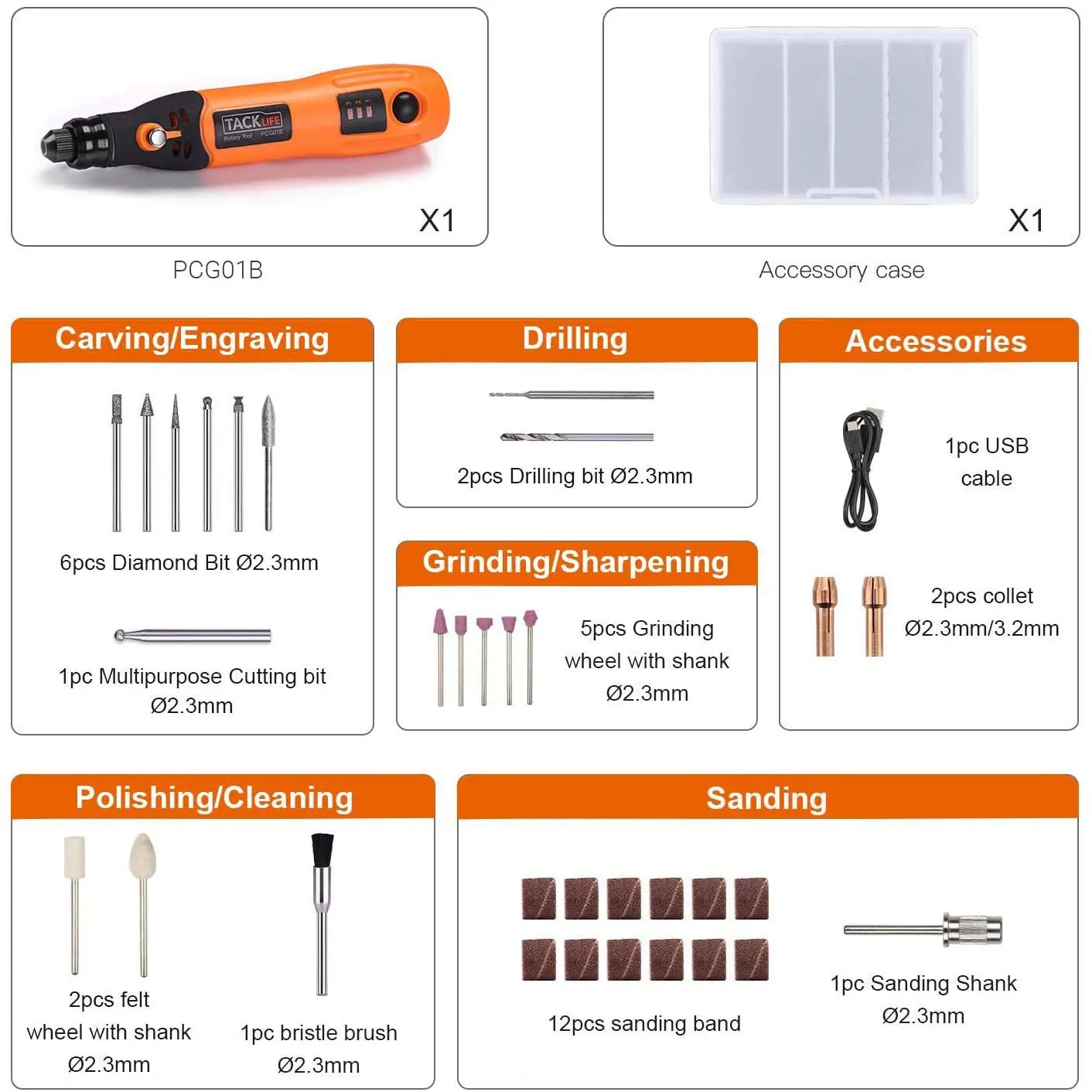 3.7V Cordless Rotary Tool, 31 Accessories and USB Charging Cable PCG01B