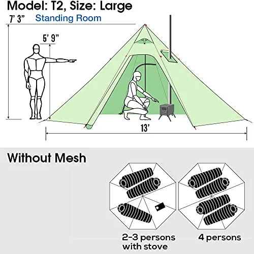 4 Persons 5lb Lightweight Tipi Hot Tent with Stove Jack, 7'3" Standing Room, Teepee Tent for Hunting Family Team Backpacking Camping Hiking (Olive)