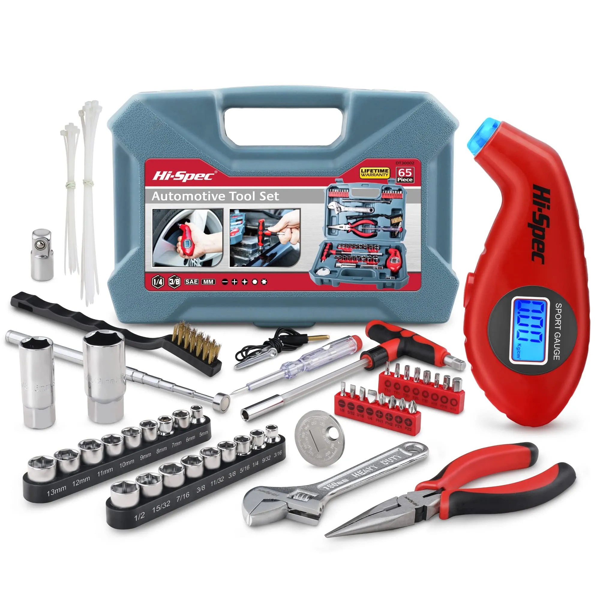 65pc Auto Home Garage DIY Tool Kit Set. Digital Air Gauge and Essential Hand Tools for Car and Motorbike Repairs. All in a Carry Box Case