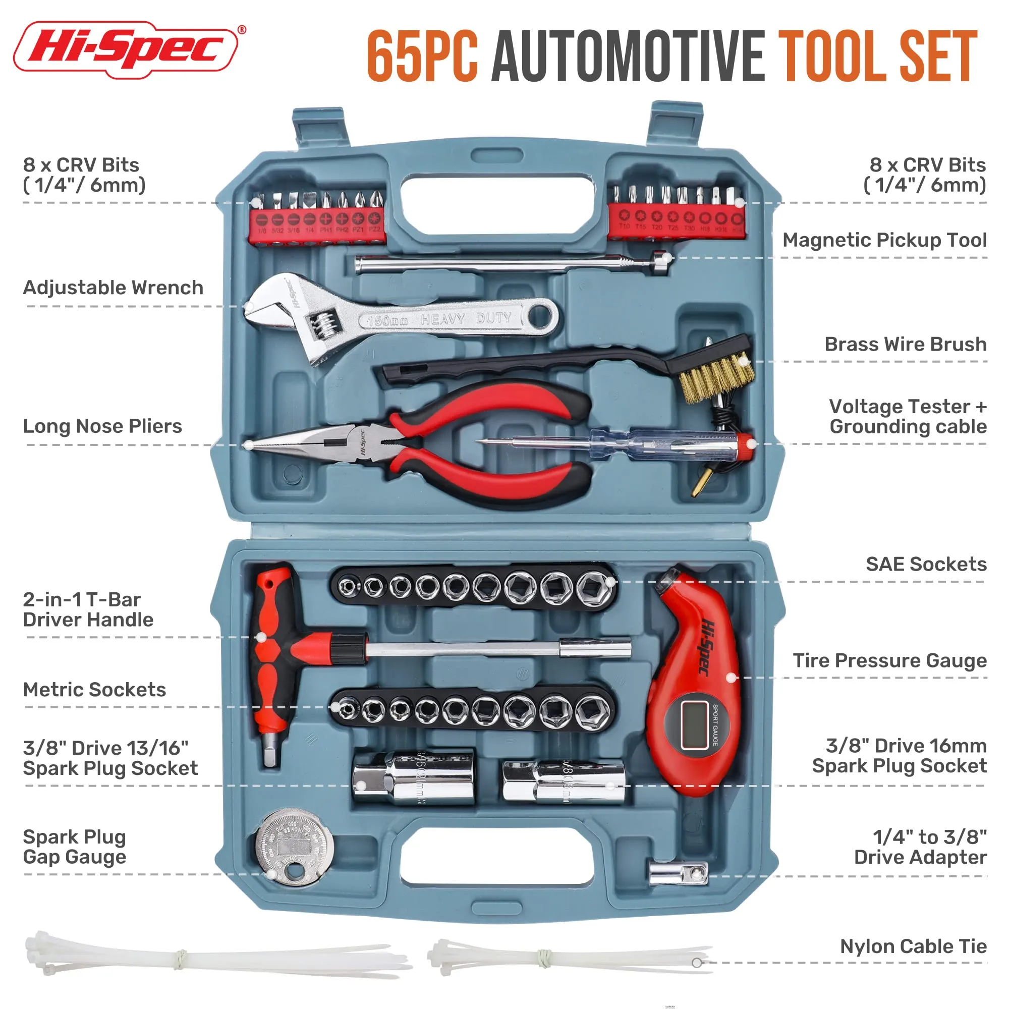 65pc Auto Home Garage DIY Tool Kit Set. Digital Air Gauge and Essential Hand Tools for Car and Motorbike Repairs. All in a Carry Box Case