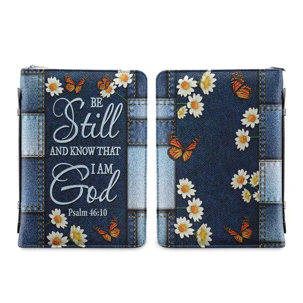 Christianart Bible Cover - Be Still And Know That I Am God Butterfly Denim Style Psalm 46 10 - Personalized Bible Cover - CABBBCV19060324.