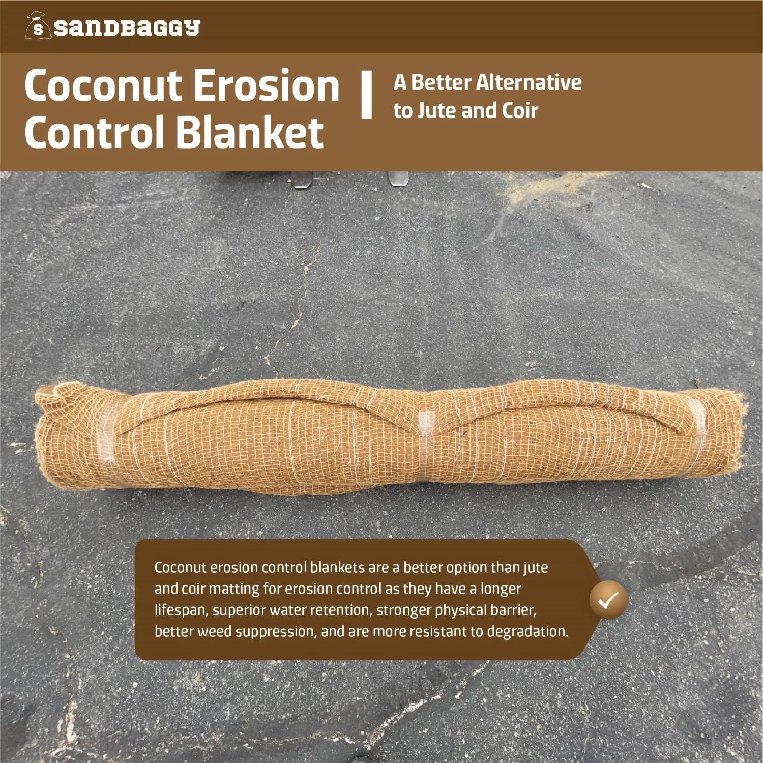 Coconut Blanket - Erosion Control (Biodegradable) - Steep Slopes (1:1) - Lasts 2-5 yr (7.5 ft x 120 ft)