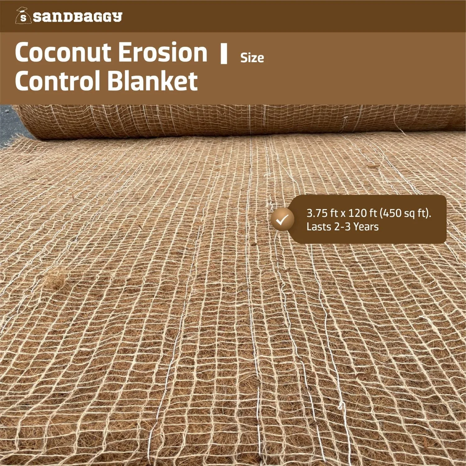 Coconut Blanket - Erosion Control (Biodegradable) - Steep Slopes (1:1) - Lasts 2-5 yr (7.5 ft x 120 ft)