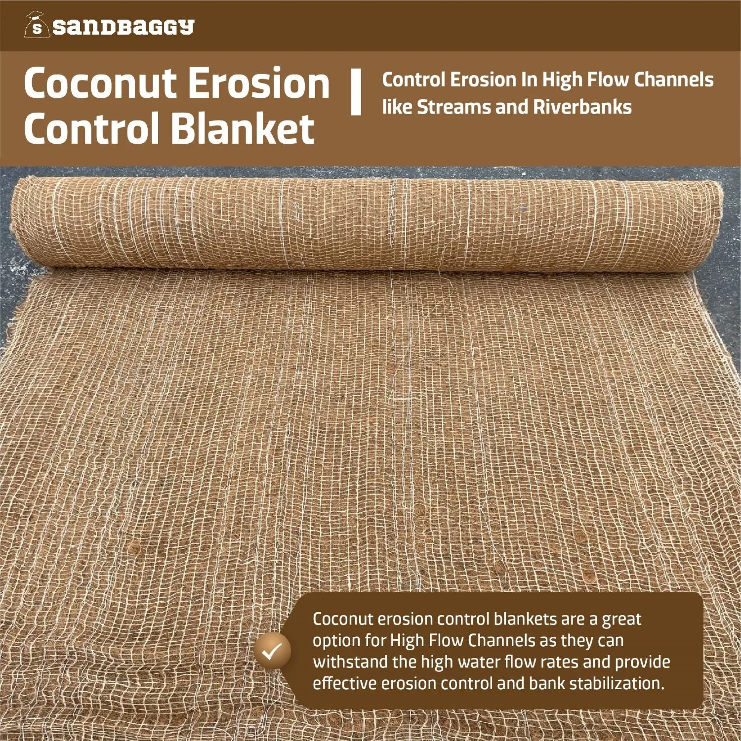 Coconut Blanket - Erosion Control (Biodegradable) - Steep Slopes (1:1) - Lasts 2-5 yr (7.5 ft x 120 ft)