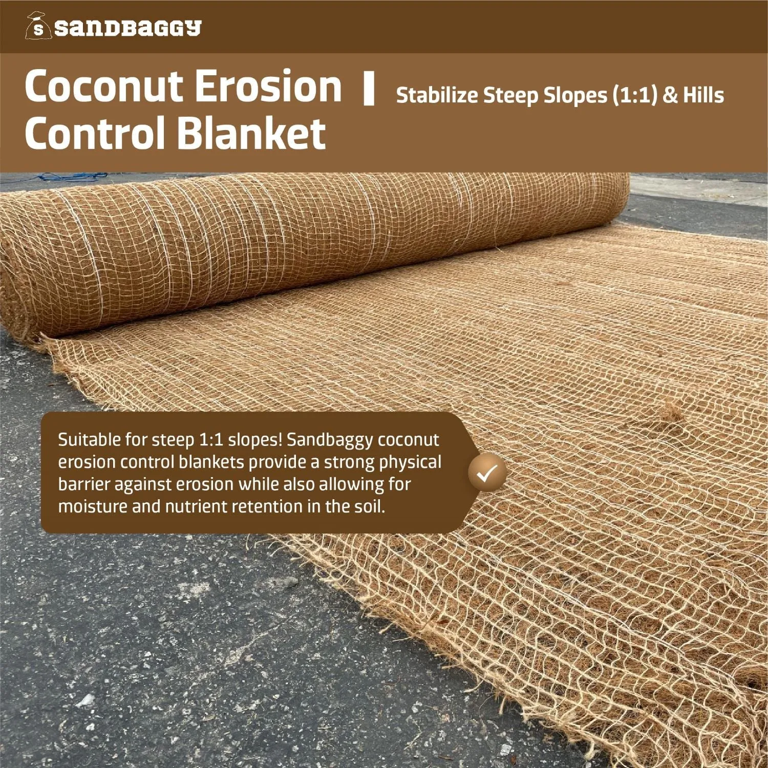 Coconut Blanket - Erosion Control (Biodegradable) - Steep Slopes (1:1) - Lasts 2-5 yr (7.5 ft x 120 ft)