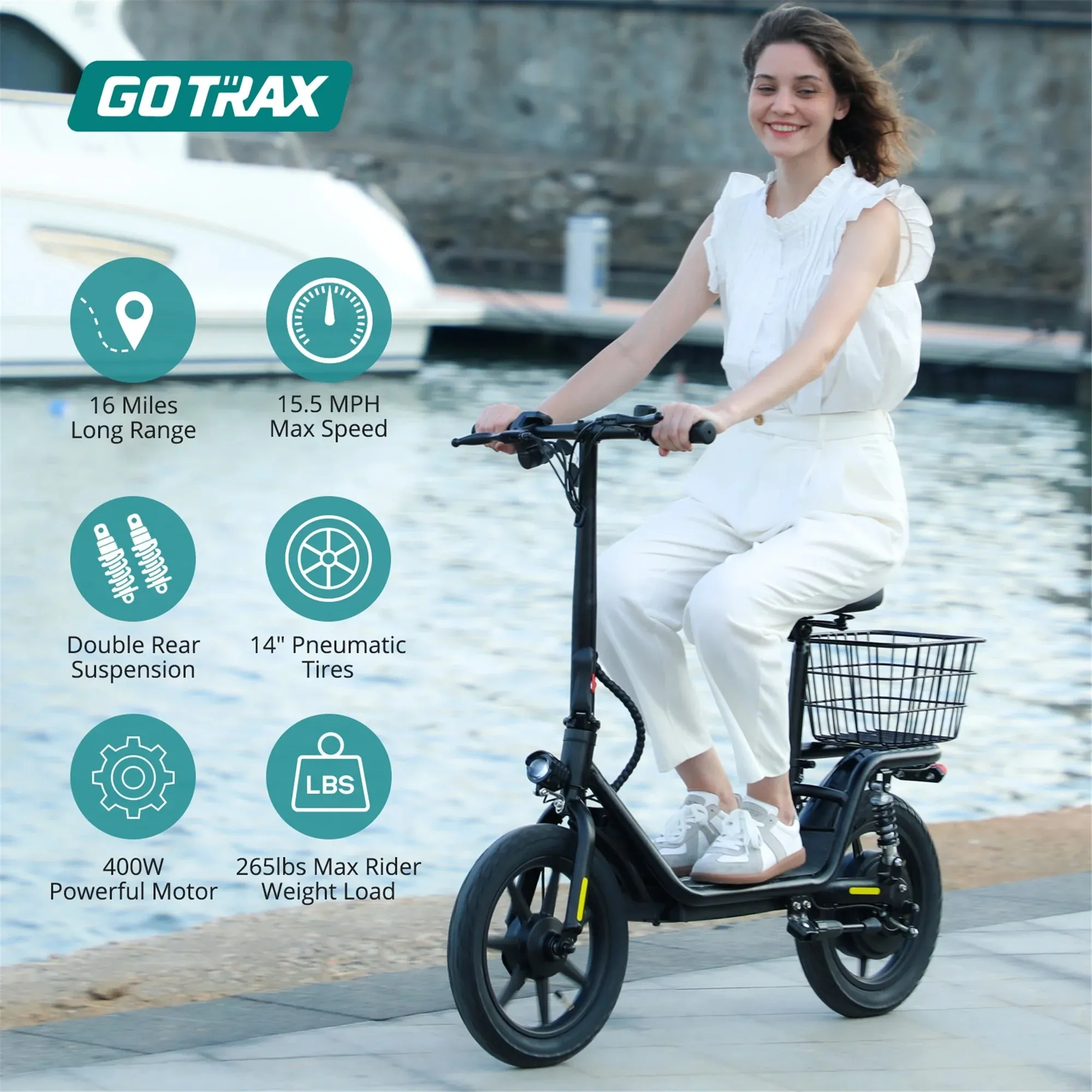 Flex Electric Scooter with Seat for Adult Commuter, 550W&36V&15.5Mph Foldable Scooter with 14" Pneumatic Tire, Ebike with Carry Basket Black