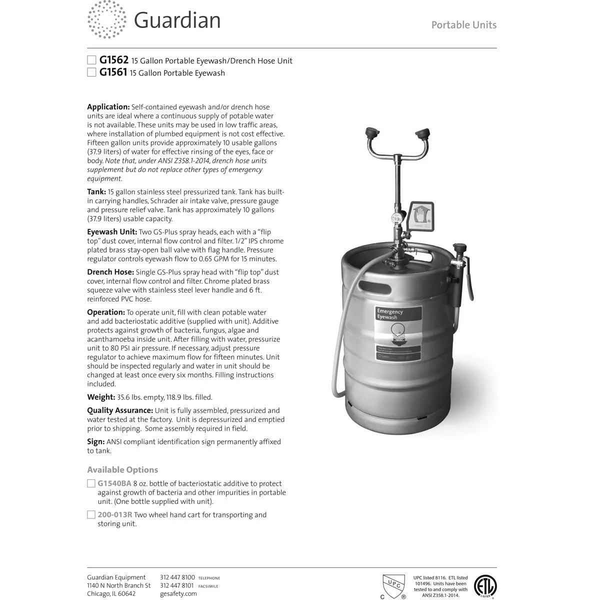 Guardian G1562HAT 15 Gal Portable Eye Wash/Drench Hose, with Hand Truck