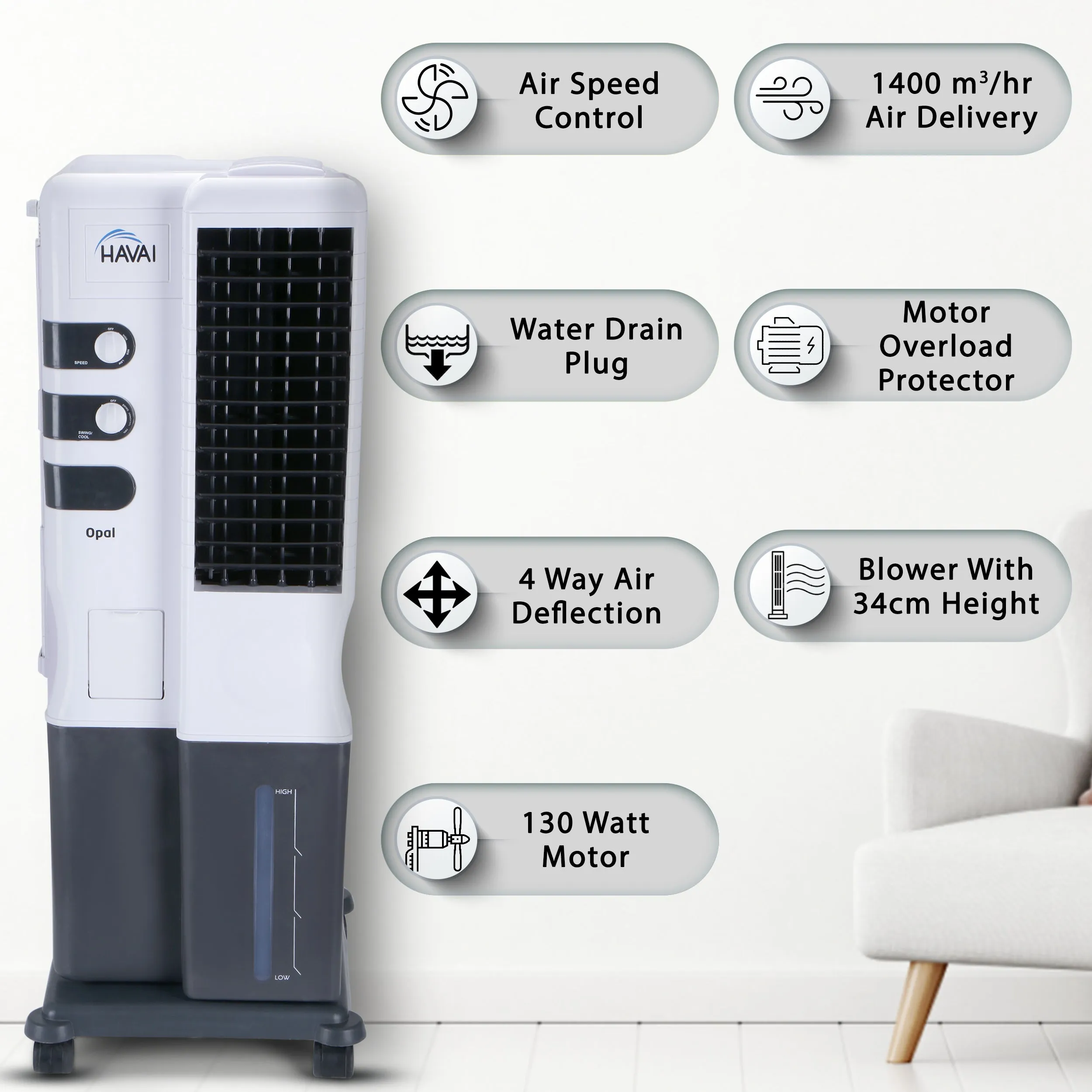 HAVAI Opal Tower Air Cooler - 20L, White and Dark Grey