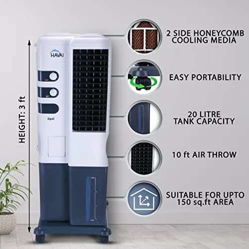 HAVAI Opal Tower Air Cooler - 20L, White and Dark Grey