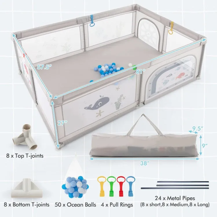 Large Baby Playpen Playard with Pull Rings, Ocean Balls and Pattern