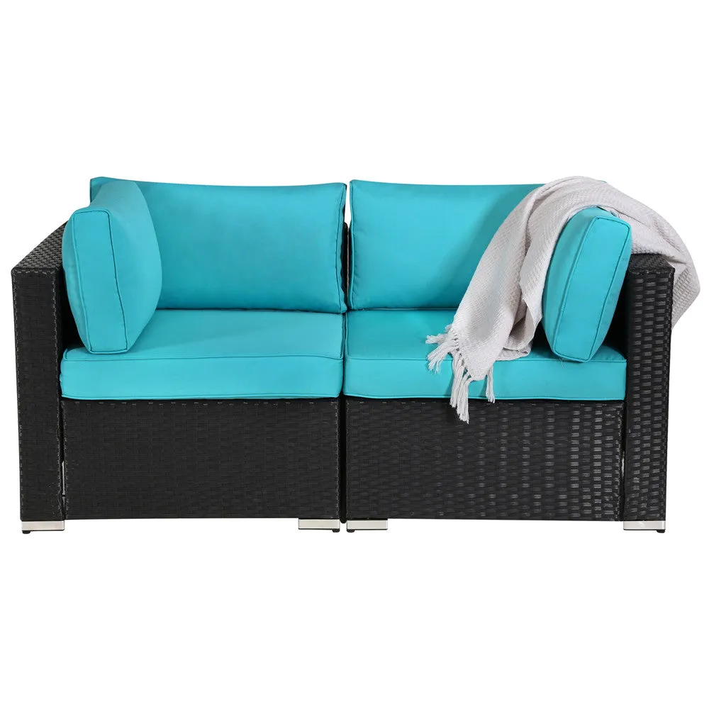 Patio Loveseats Outdoor All Weather Sectional Sofa Rattan Wicker Corner Sofa, Blace Wicker Blue Cushions