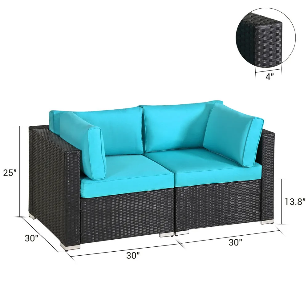 Patio Loveseats Outdoor All Weather Sectional Sofa Rattan Wicker Corner Sofa, Blace Wicker Blue Cushions