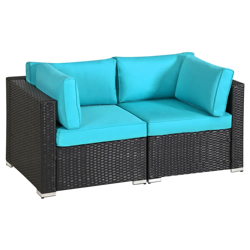 Patio Loveseats Outdoor All Weather Sectional Sofa Rattan Wicker Corner Sofa, Blace Wicker Blue Cushions