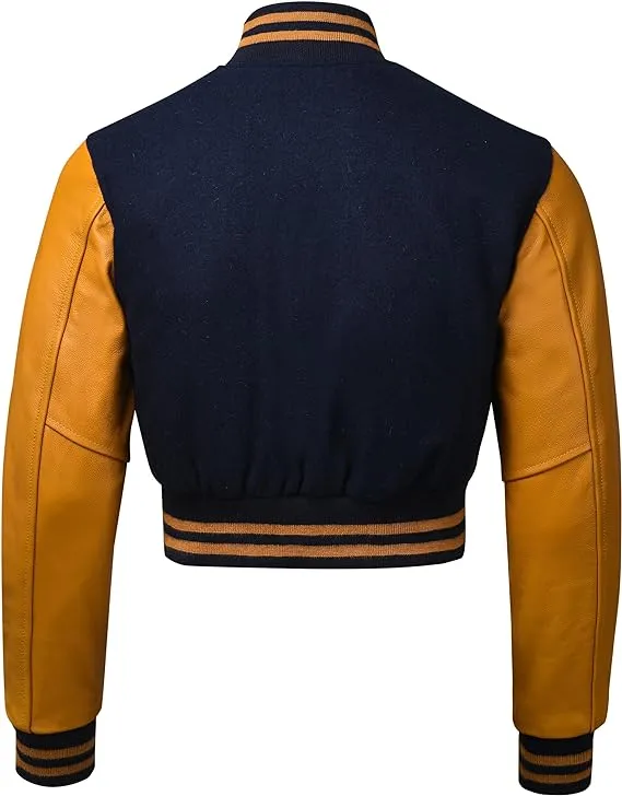 Warrior Gears Cropped Varsity Jacket Women - Premium Quality Leather and Wool Baseball Letterman Jacket for Women's, Long Sleeve - Navy Blue Wool Body and Gold Leather Sleeves