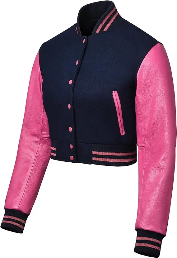 Warrior Gears Cropped Varsity Jacket Women - Premium Quality Leather and Wool Baseball Letterman Jacket for Women's, Long Sleeve - Navy Blue Wool Body and Pink Leather Sleeves