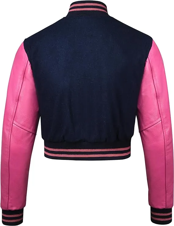 Warrior Gears Cropped Varsity Jacket Women - Premium Quality Leather and Wool Baseball Letterman Jacket for Women's, Long Sleeve - Navy Blue Wool Body and Pink Leather Sleeves