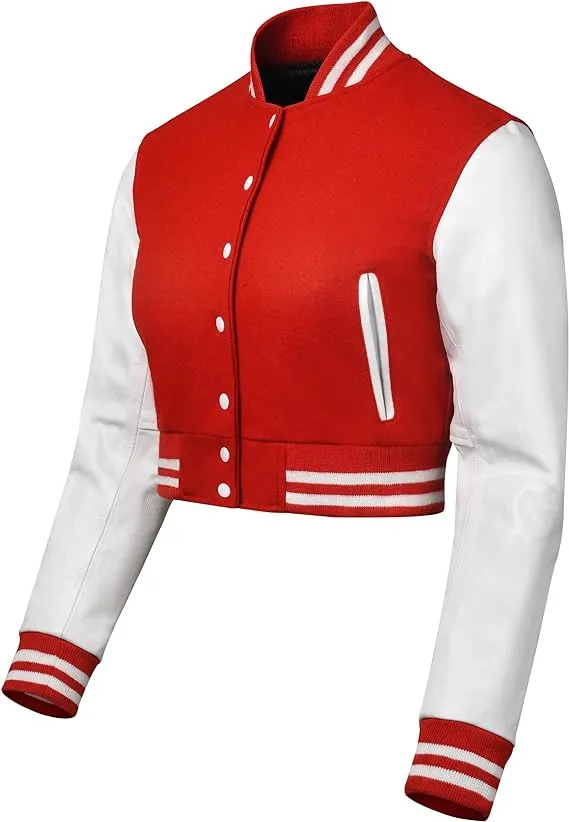 Warrior Gears Cropped Varsity Jacket Women - Premium Quality Leather and Wool Baseball Letterman Jacket for Women's, Long Sleeve - Red Wool Body and White Leather Sleeves