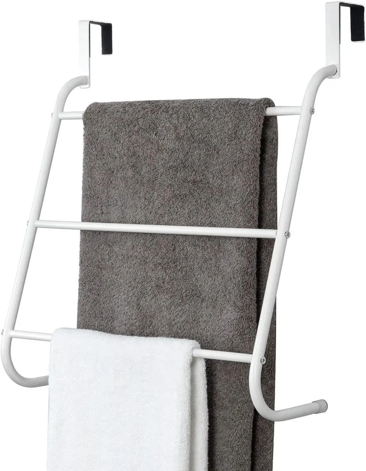 White Metal 3-Tiered Bars Over-The-Door Bath Towel Holder, Bathroom Storage Door Hanging Drying Rack