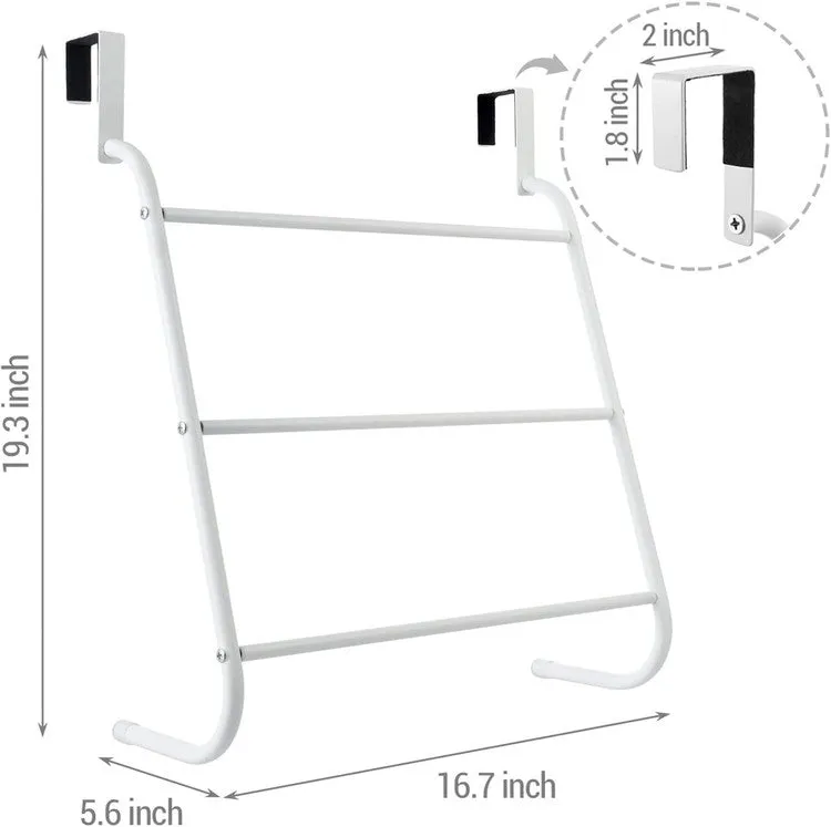 White Metal 3-Tiered Bars Over-The-Door Bath Towel Holder, Bathroom Storage Door Hanging Drying Rack